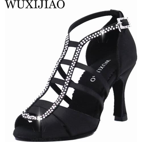WUXIJIAO New white Satin Latin Dance Shoes Women Salsa Rhinestone Shoes Dance For Woman Ballroom Dancing Shoes heel 5cm-10cm