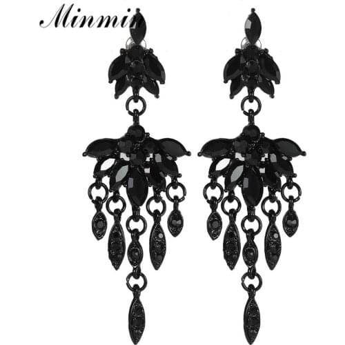 Minmin Unique Black Rhinestone Long Chandelier Drop Earrings Women Retro Hanging Crystal Tassel Earrings Jewelry EH1708