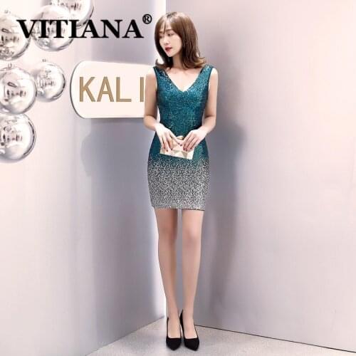 VITIANA Women Green Sexy Party Pencil Dress Female Deep V-Neck Sleeveless Host Elegant Mini Dresses Femme Club Bodycon Vestidos