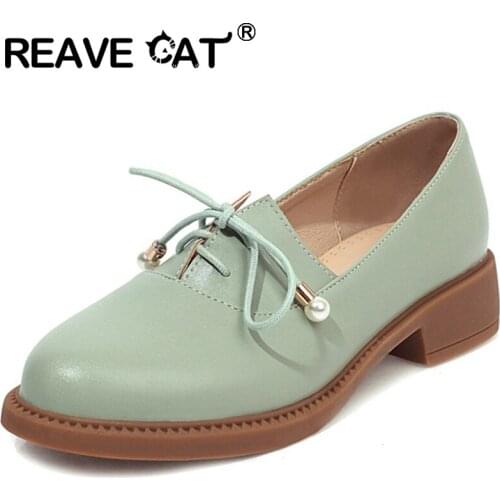 REAVE CAT Women Flat Shoes Round Toe Pearl Lace-Up Slip-On Classic Simple Vintage Soft Comfort Size 39 Casual Spring Green A3633
