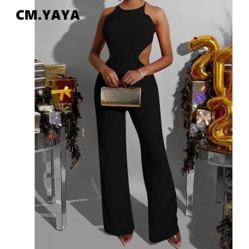CM.YAYA Women Jumpsuit Solid Sleeveless Strap Bandage Backless Hollow Out Wide Leg Jumpsuits Sexy Fashion Outfits Summer 2021