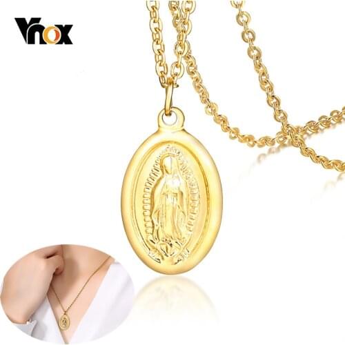 Vnox Womens Gold Color Stainless Steel Medallion Virgin Mary Necklace Stainless Steel Coin Style Pendant Prayer Jewelry