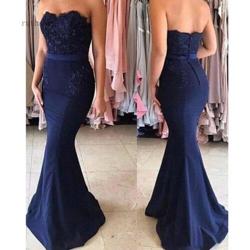 Strapless Prom Dresses Long Lace Mermaid Evening Gowns Women Celebrity Party Navy Blue Formal Prom Dress
