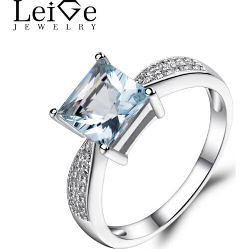 Leige Jewelry Princess Cut Aquamarine Rings for Women Blue Gemstone Wedding Engagement Ring Sterling Silver 925 Fine Jewelry