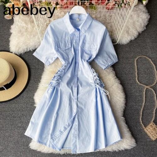 Women Solid dress Turn Down Collar short sleeve A line dresses summer Bohemian Beach Midi Shirt Dress