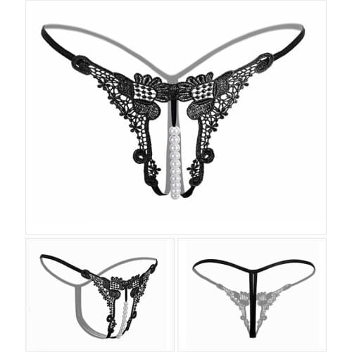 Womens Sexy Lace Underwear Erotic Lingerie For Women Low-Rise Hollow Out Panties Hot Open Thongs Exotic G-Strings Pearls Design