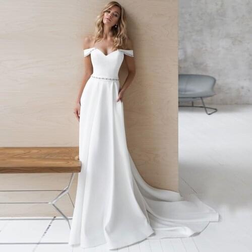 ADLN Simple Off-shoulder Wedding Dress Beaded A-line Jersey Bride Dress High Quality Sweep Train Bridal Gown Customized