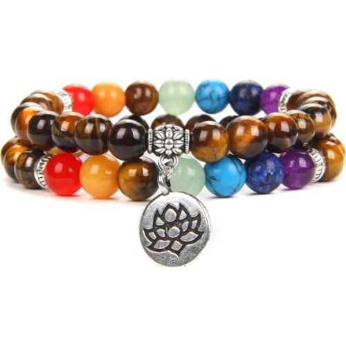 2pcs/set 7 Chakra Buddha Bracelet Tiger Eye Stone Bracelet Healing Yoga Lotus Charm Bracelets for Women Men Energy Jewlery