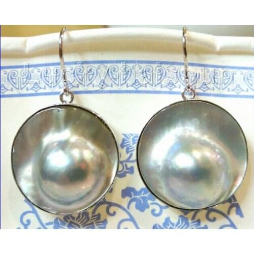 FREE shipping> >>>AAA natural rare 22mm Gray South Sea Mabe Pearl Earrings 925sc j7457