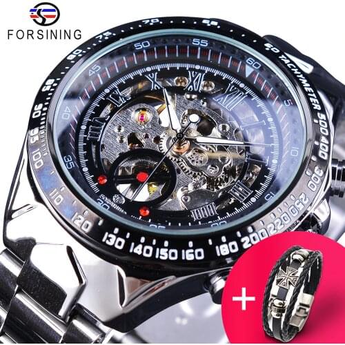Forsining Watch + Bracelet Set Combination Transparent Silver Steel Band Mechanical Skeleton Sport Wrist Watches Men Brand Clock