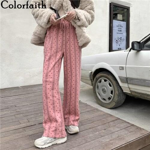 Colorfaith New 2021 Womens Spring Autumn Women Pants Wide Leg High Waist Sweatpants Striped Pink Ankle-Length Trousers P6012