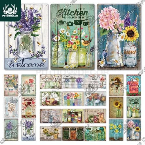 Putuo Decor Mason Jar Flower Vintage Tin Sign Retro Sunflower Metal Signs for Farmhouse Decor Home Garden Living Room Wall Decor