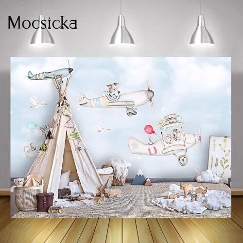 Wild Camping Adventure Cake Smash Backdrop Tent Aircraft Cartoon Animals Children Birthday Portrait Background for Photo Studio