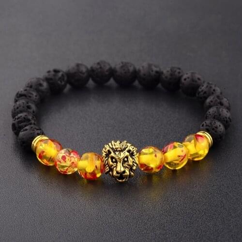 Classic Lava Stone Beaded Bracelet Men Handmade Gold Lion Elastic Bracelet Men Jewelry Pulsera Hombre