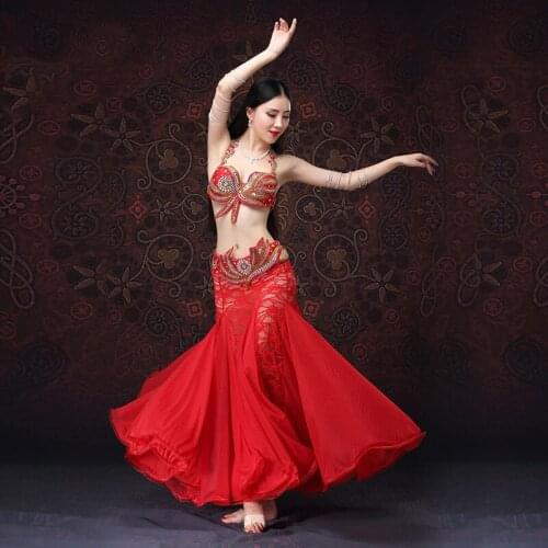 2019 Belly Dance Costumes Lace Luxury Handmade Beaded Bellydance Suit Performance Oriental Dancing Outfits 3pcs Bra Belt Skirt