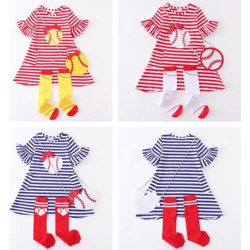 Girlymax Summer Dress Baby Girls Navy Stripe Clothes Cotton Baseball Romper Ruffles Dress Match Necklace Bow Socks & Purse