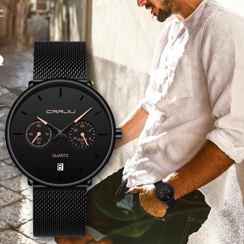 Top Luxury Brand CRRJU 2019 New Waterproof Men Watch Fashion Minimalist 24 Hour Display Mesh Strap Wristwatch Relogio Masculino