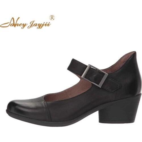 Nancyjayjii Solid Maroon Chocolate Black Leather Low Thick Heels Vintage Retro Buckle Strap Round Head Toe Leisure Women Shoes