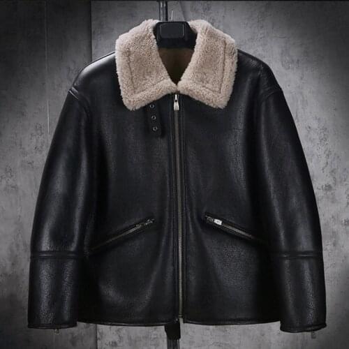 New Mens Sheepskin Shearling Jacket Black Leather Jacket Short Motorcycle Jacket Thicken Fur Coat Mens Casual Coat
