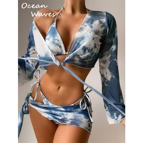 2021 New Sexy 4-Piece Tie Dye Swimsuit Women Shawl Bikinis Set Long Sleeve Swimwear String Bathing Suit Push Up Beachwear Skirt