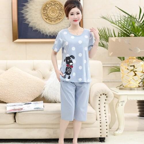 Women 100% Cotton Pajamas Set Polka Dot Cute Dog Sleepwear Blue Color Female Casual Tracksuit Plus SIze 4XL Women Pijama Mujer