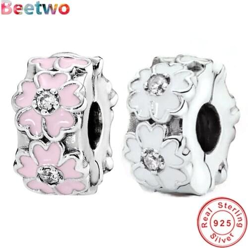 925 Sterling Silver Pink and White Flower Clip Charm Fit Original Pandora Bracelet Charms Bead DIY Jewelry Berloque