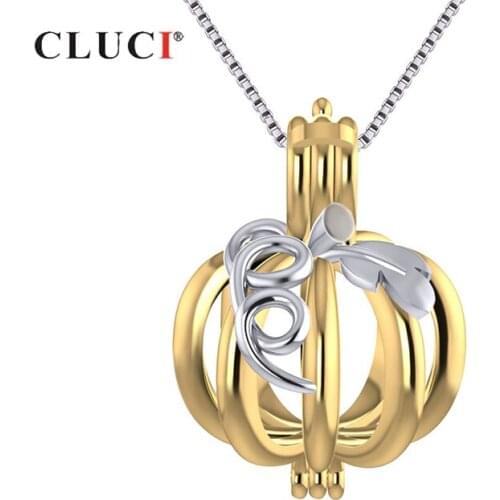 CLUCI 925 Sterling Silver Pendant Gold Color Pumpkin Pearl Cage Locket Pendant for Necklace For Women Halloween Gift SC319SB