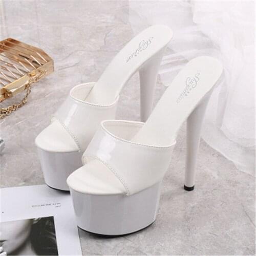Model patent-leather stiletto heels sexy slippers, female summer waterproof platform 17 cm high heels slippers