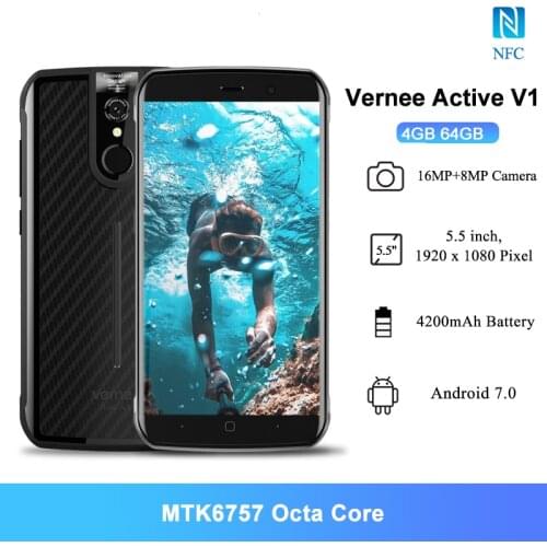 Vernee Active V1 NFC IP68 Waterproof Rugged Mobile Phones 5.5" MT6757 Octa Core 16.0MP 4200mAh Android 7.0 4GB 64GB Smartphone