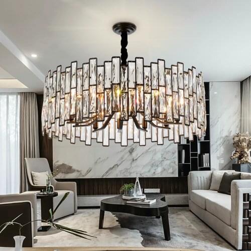 YOOGEE LED Chandelier Modern Crystal Chandeliers Loft Living room Crystal Indoor Light Black Round Hang Lamp Lustre