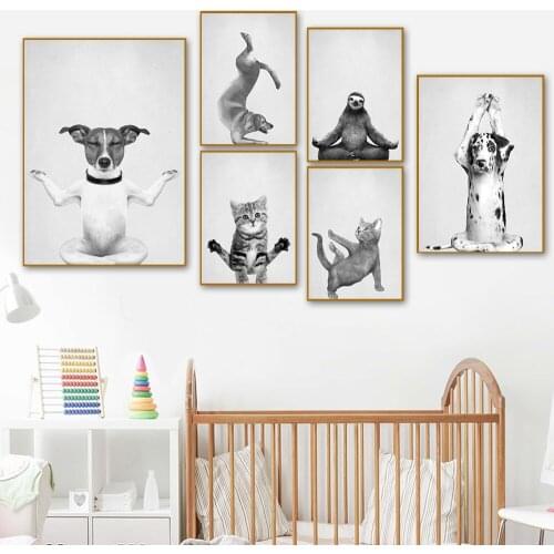 Modern Black White Yoga Animal Wall Art Canvas Painting Poster Minimalist Dance Print Picture Nursery Kids Room Home Mural Decor