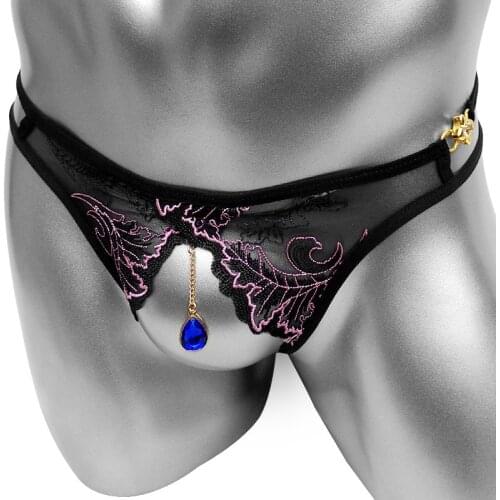 Sissy Thong Panties Open crotch Lace Floral Pendant Sexy Panties Erotic Elasticity Body Jewelry For Men Underwear Sissy Panties