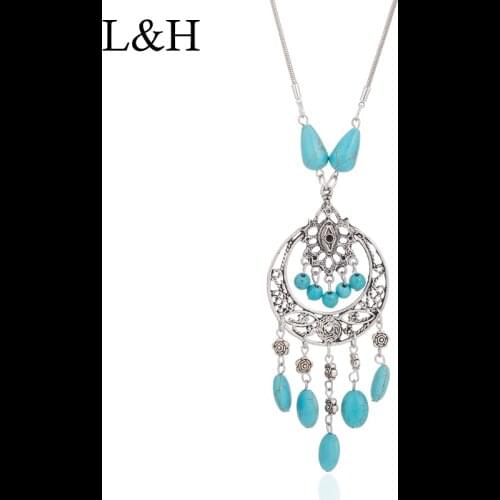 L&H Vintage Geometric Beaded Long Statement Pendant Necklace 2018 Fashion Antique Sliver Color Choker Necklace For Women Jewelry