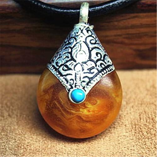 Nepal Vintage Jewelry Tibetan Pendants Capped Yellow Resin Drop Pendant TBP319