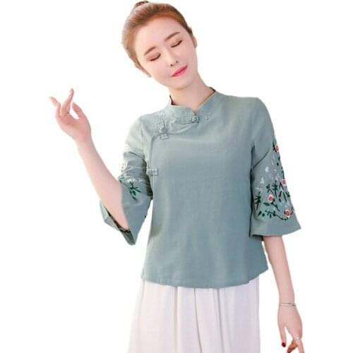 Women Chinese Style Shirts Stand Collar Casual Blouses 2021 Spring New Loose Vintage Tops Brief Irregular Shirt V1961