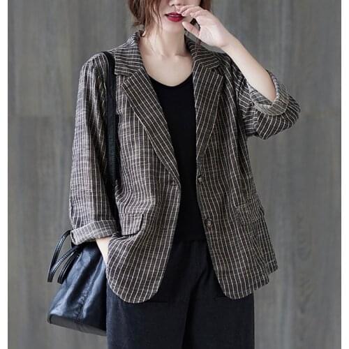 Women Cotton Linen Blazer Coats New Style 2021 Spring Autumn Vintage Striped Jackets Loose Female Casual Lapel Outerwear Comfort