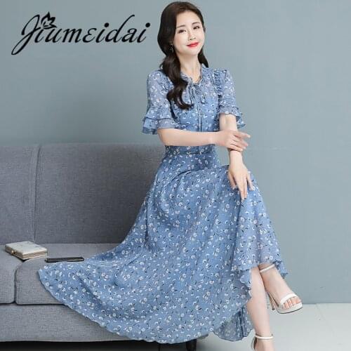 JiuMeiDai 2021 Women Summer Elegant A-Line Ruffles Dress Office Lady Floral Robe Femme Vintage Designer Party Clothing Vestidos