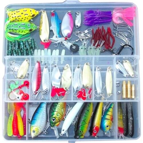 100 Fishing Lures Spinners Plugs Spoons Soft Bait Pike Trout Salmon+Box Set
