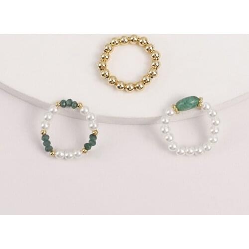 3PCS Gold Color Simulated Pearl Bead Rings Set Geometric Resin Stone Elastic Ring For Women Girls Simple Finger Jewelry
