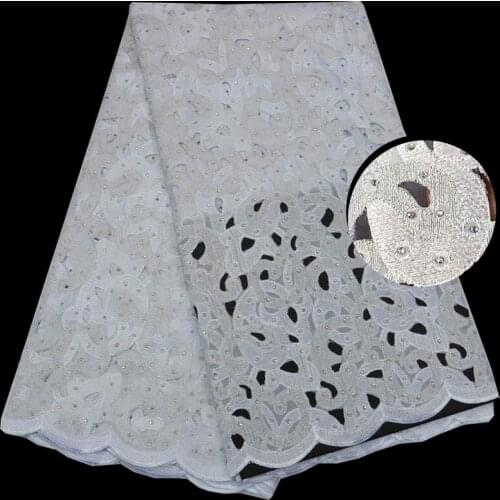 5yards/pc) High quality hand cut African cotton lace fabric in white silver stones fixed Swiss lace fabric for party dress OP43