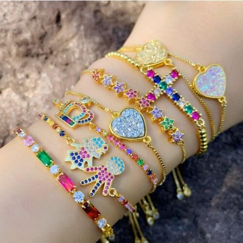 8pcs Mixed Different Styles Kid/Peach Heart Cross Crown Rainbow Color Adjustable Chain Charm Bracelet Jewelry For Women For Gift