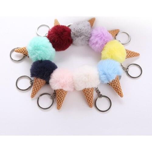 Acrylic ice cream keychain ice cream hairball keychain imitation cone hairball car keychain pendant