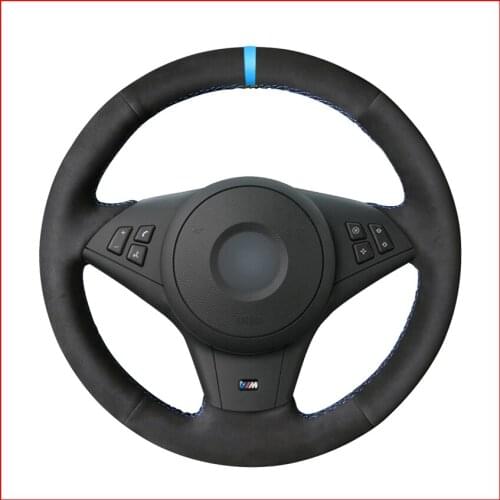 DIY Black Suede Light Blue Marker Steering Wheel Cover for BMW E60 M5 2005-2008 E63 E64 Cabrio M6 2005 2006 2007 2008 2009 2010