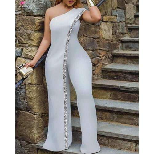 Women Irregular One Shoulder Jumpsuit Solid Sequined Detail Party Club Overalls Jumpsuits