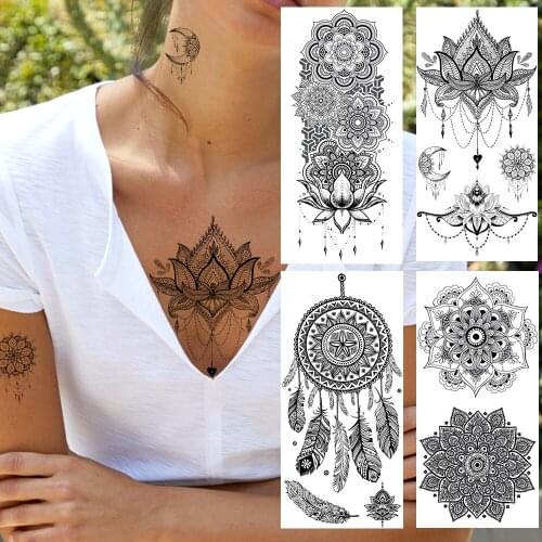 Indian Tribal Mandala Flower Henna Temporary Tattoos For Women Realistic Tatoo Lace Sexy Mehndi Fake Tattoo Dreamcatcher Feather