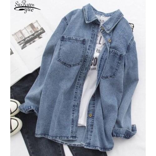 Long Sleeve Pocket Cardigan Streetwear BF Jean Jacket Y2K Harajuku Cowboy Outwear Tops Simple Solid Denim Shirt Coat Women 16761