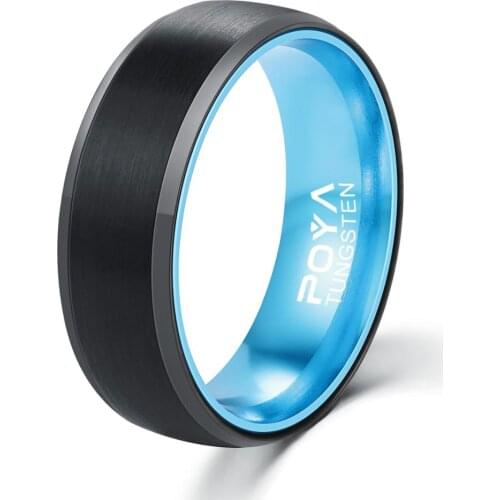 POYA 8mm Black Tungsten Carbide Ring Mens Beveled Edges Wedding Band Inlay Anodized Blue Aluminum Liner Comfort Fit