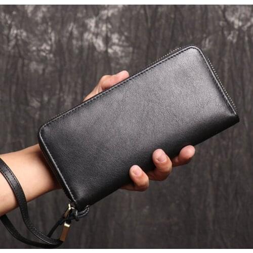 Luufan Genuine Leather Mens Clutch Wallet With Wrist Long Wallet For Business Card Bill Clutches Cowhide Iphone Hand bag Black