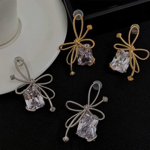 Minar Korean Metal Bowknot Sparkly Rhinestone Drop Earrings Fashion Simple Female Geometric Wedding Earrings Trendy Jewelry 2021