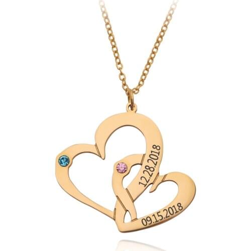 Personalized Double Heart Necklace Carved Name with Lucky Birthstone Pendant Necklace Valentines Day Gift for Lovers Family